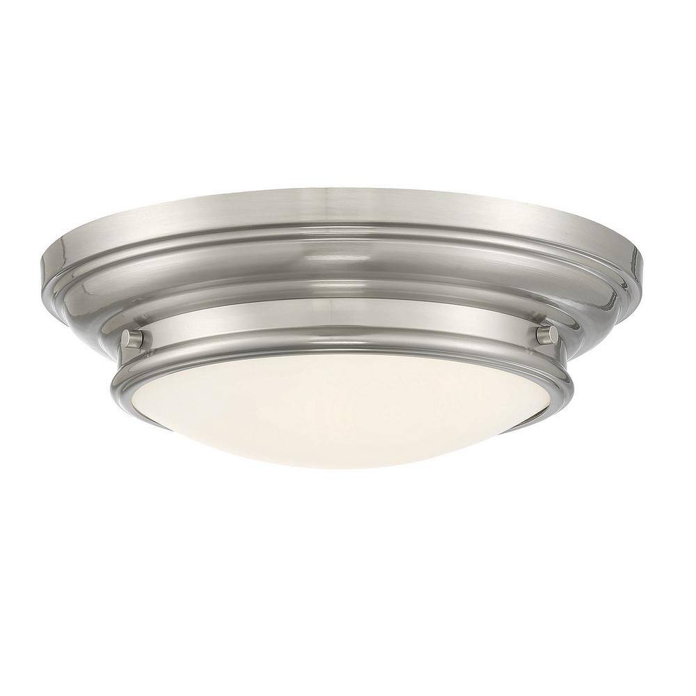 13 in. W x 4.50 in. H 2-Light Brushed Nickel Flush Mount Light with White Glass Round Shade - Hercitys