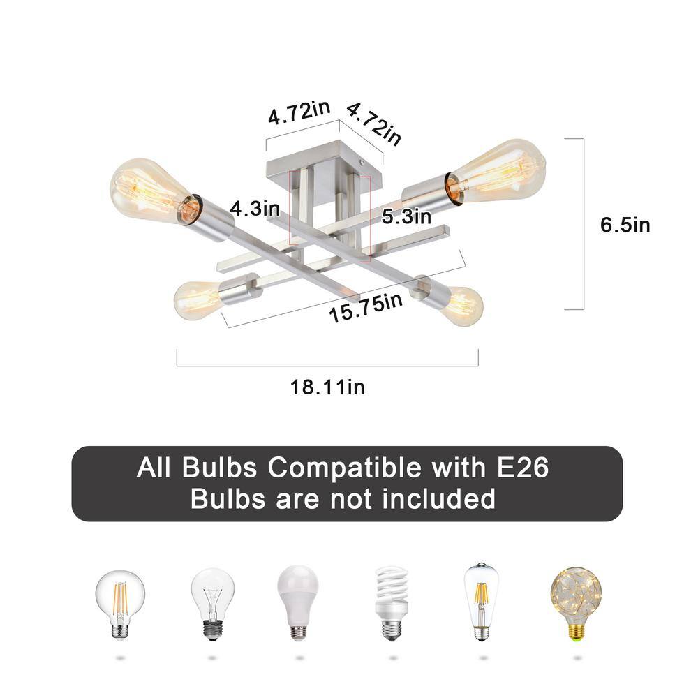 18.11 in. 4-Light Nickel Modern Sputnik Semi- Flush Mount Ceiling Lights with No Bulbs Included - Hercitys
