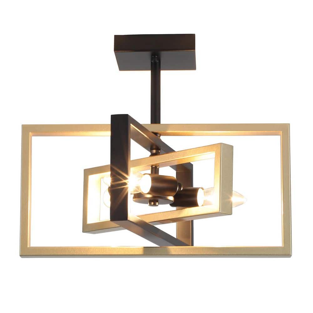 15.8 in.  3-Light Black and Imitation Wood Grain Farmhouse Rectangle Semi Flush Mount Ceiling Light Bulb Not Included - Hercitys