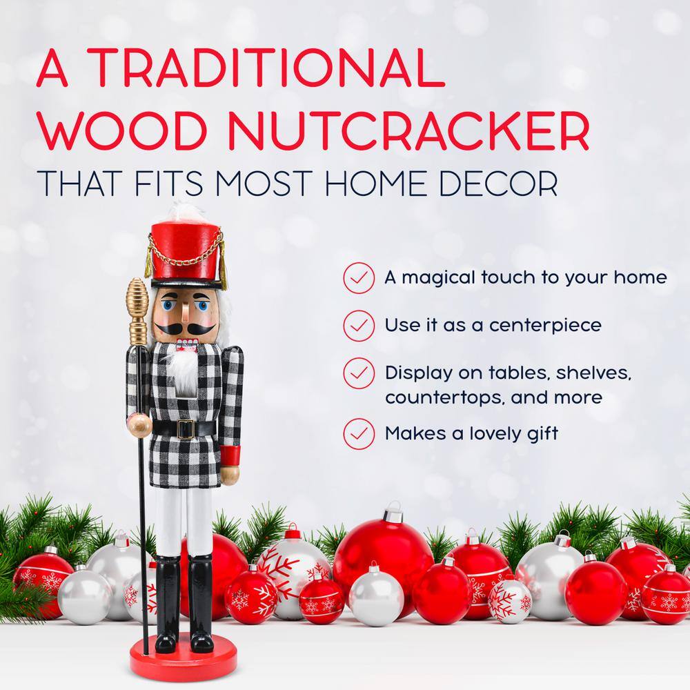 17 in. Wooden Christmas Checkered Soldier Nutcracker-Black and White Wooden Nutcracker Toy Soldier with Staff Holiday - Hercitys