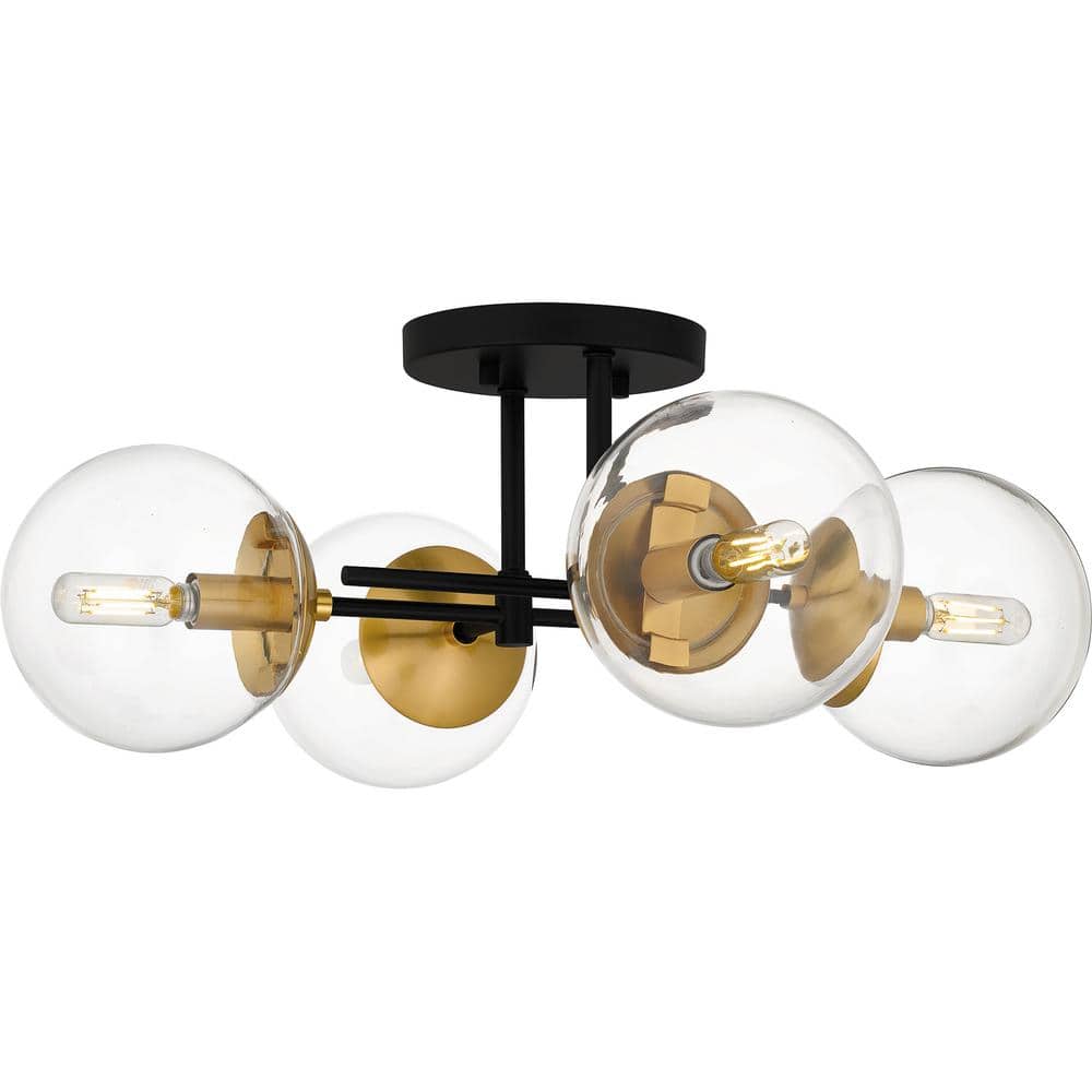 21.88 in. 4-Light Matte Black and Nouveau Gold Semi-Flush Mount with Clear Glass Shades - Hercitys
