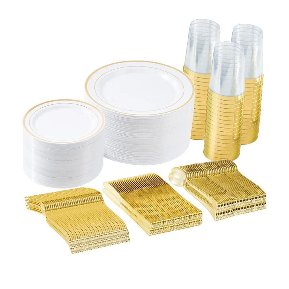 100-Set Disposable Plastic Cutlery Set with Plates, Cups, Napkins & Utensils for Gatherings, Events and Parties in Gold - Hercitys