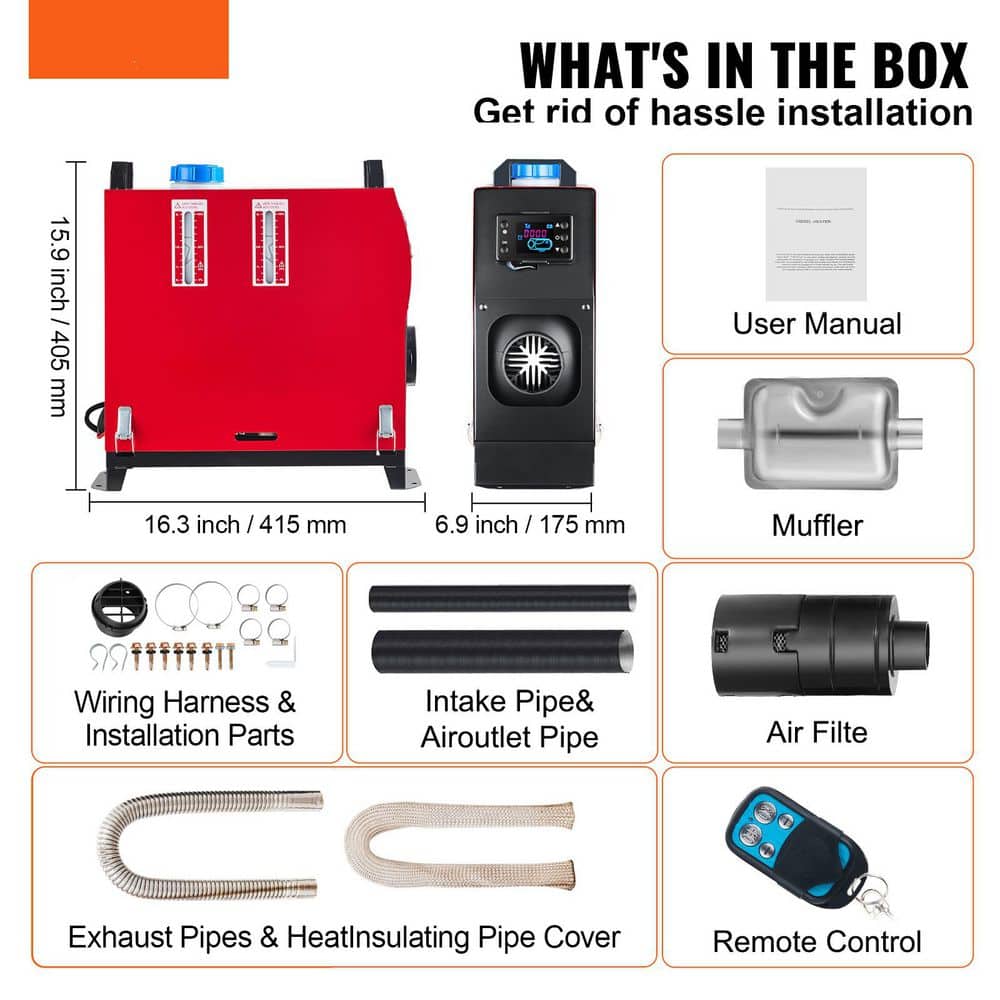 5-KW Diesel Air Heater All in 1, 12-Volt Diesel Parking Heater Silencer 5000-Watt Diesel Heater Remote Control, LCD - Hercitys