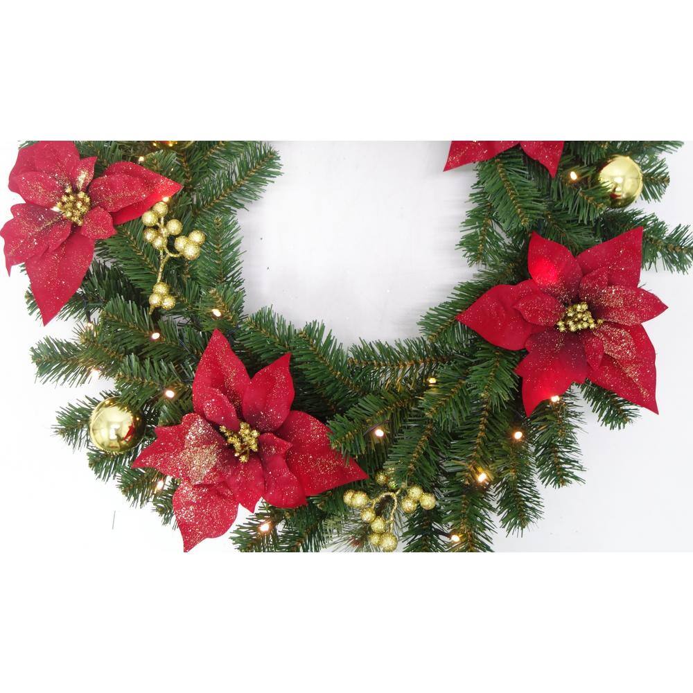 30 in. Pre-Lit LED Glittered Poinsettia Artificial Christmas Wreath with 35-Lights - Hercitys