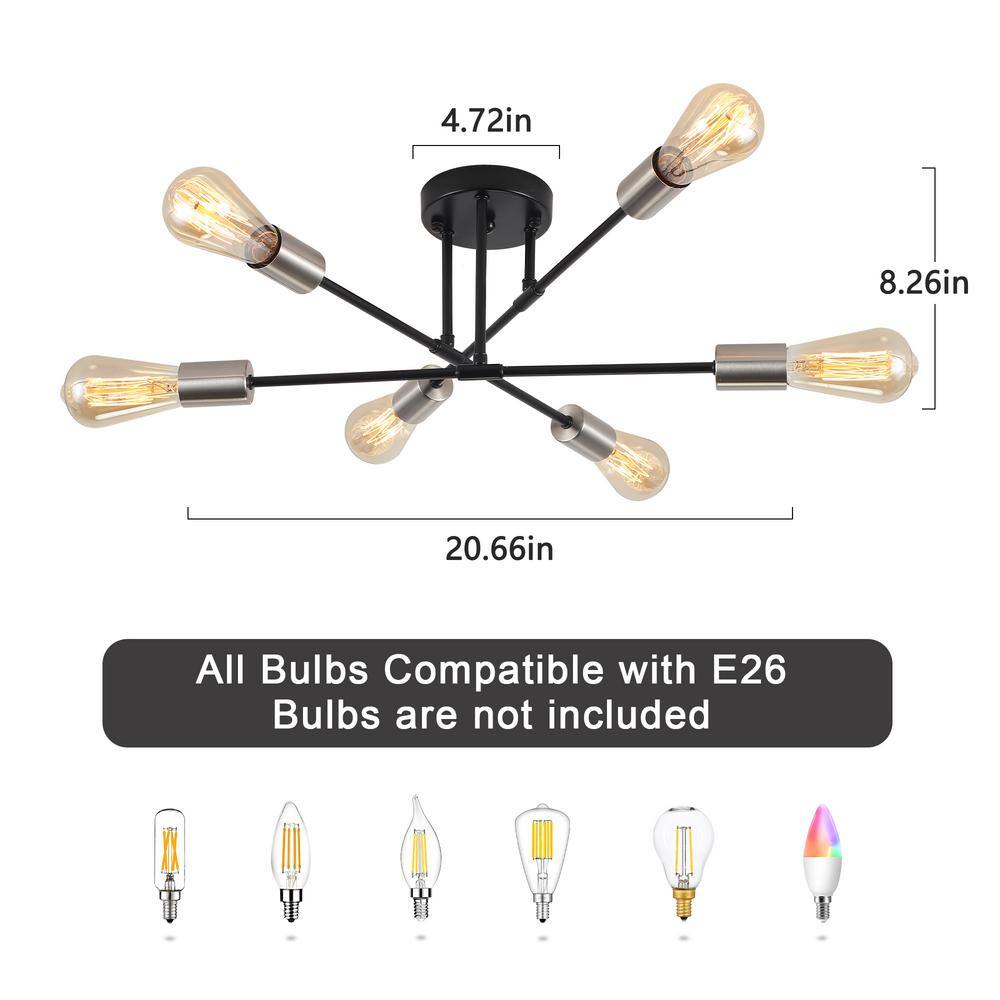 20.66 in. 6-Light Black and Nickel Sputnik Modern Semi-Flush Mount Ceiling Light - Hercitys