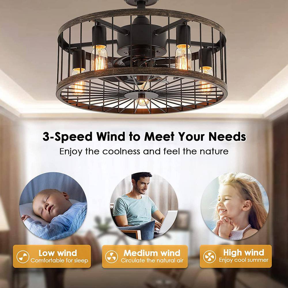 20 in. Indoor Black Modern Farmhouse Ceiling Fan with Light, Drum Cage Ceiling Fan with Remote for Bedroom - Hercitys