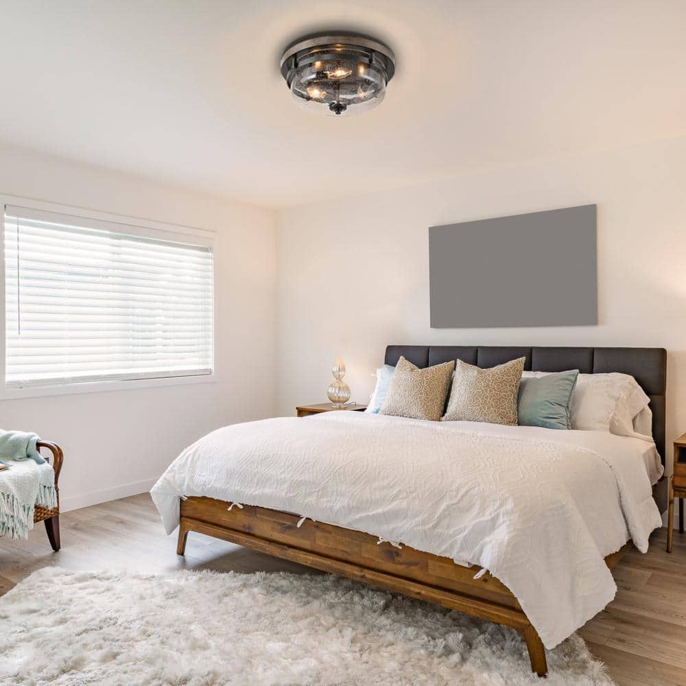 13.5 in. 3-Light Bronze Flush Mount Ceiling Light with Drum Clear Seeded Glass Shade and Round Faux Aged Wood Plate - Hercitys