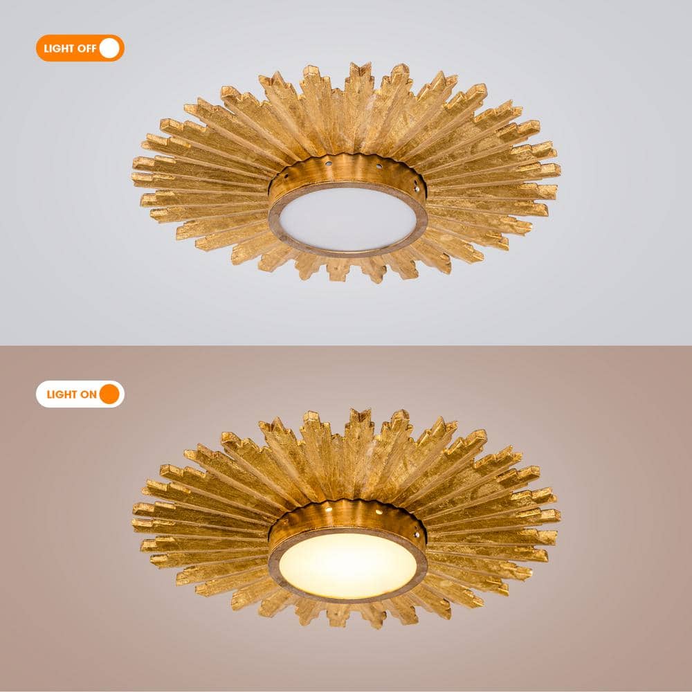 21.65 in. 16-Watt Integrated LED Gilt Wood Sunburst Flush Mount Ceiling Light Fixture - Hercitys