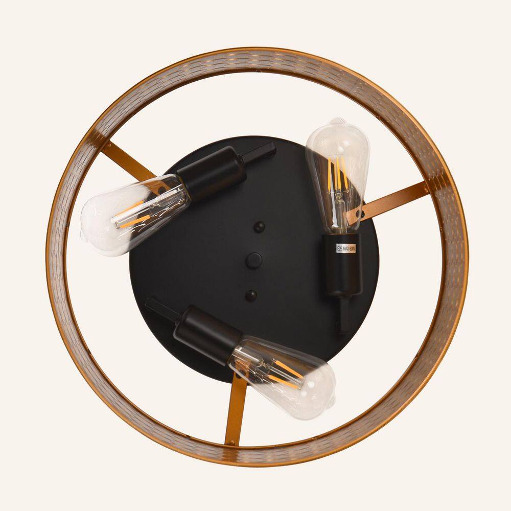 15 in. 3-Light Matte Black with Brass Inside Finish Industrial Drum Flush Mount Ceiling Light Fixture - Hercitys