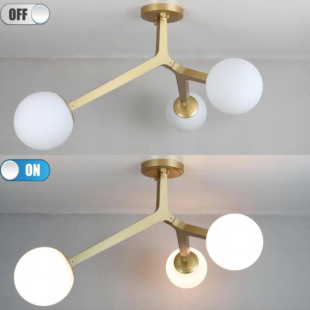 32 in. 3-Light Gold Flush Mount with Frosted Glass Shade and No Bulbs Included 1-Pack - Hercitys