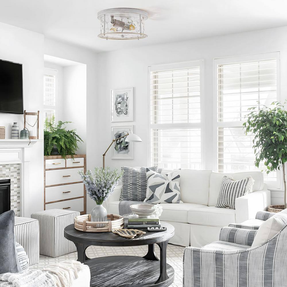 12.5 in. 2-Light White Gold Flush Mount Water Ripple Glass Ceiling Light with Metal Frame - Hercitys