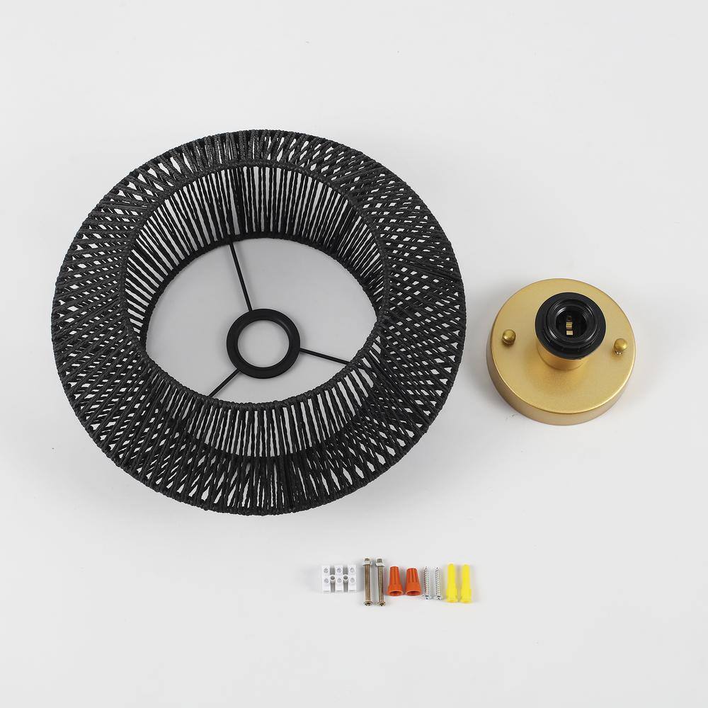 12.59 in. 1-Light Gold and Black Metal Semi-Flush Mount Light with Imitation Hemp Rope Shade and No Bulbs Included - Hercitys