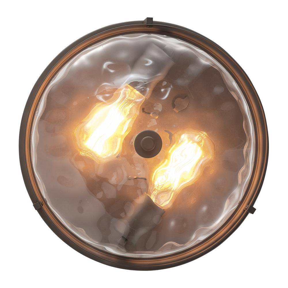 13 in. 2-Light Farmhouse Oil Rubbed Bronze Flush Mount Ceiling Light Fixture with Water Ripple Glass Shade - Hercitys