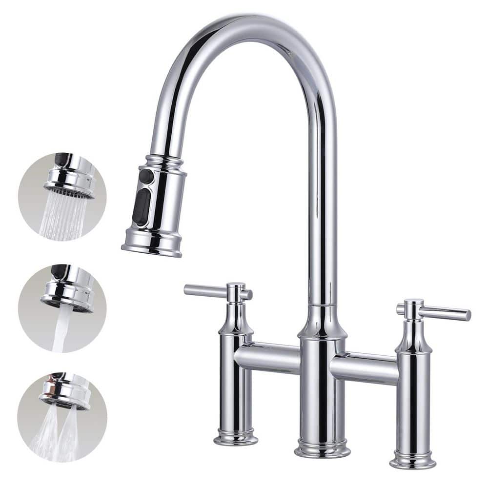 17.4 in Double Handle Pull Out Sprayer Kitchen 3 Hole Included Supply Lines in Polished Chrome - Hercitys