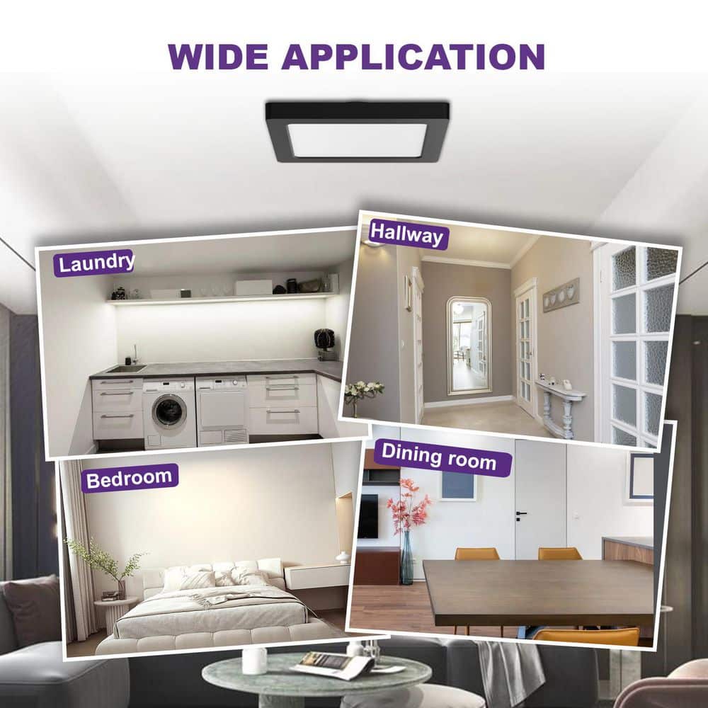 12 in. Black Square New Ultra-Low Profile Integrated LED Flush Mount Ceiling Light 3000K-5000K 3CCT Selectable - Hercitys