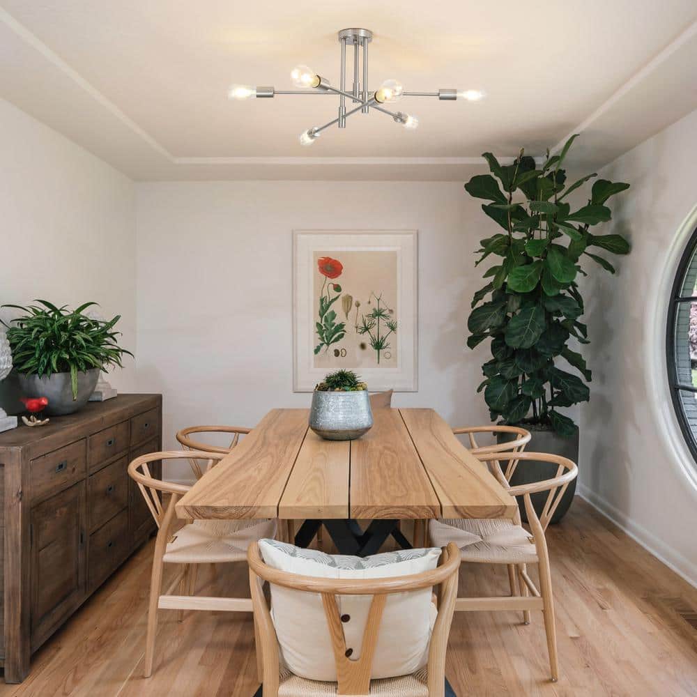 27.56 in. 6-Light Nickel Sputnik Semi- Flush Mount Ceiling Lights with 360°Rotatable Light Arm - Hercitys