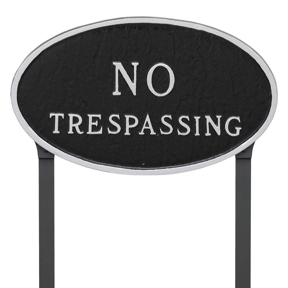 10 in. x 18 in. Large Oval No Trespassing Statement Plaque Sign with 23 in. Lawn Stakes, Black with Silver Lettering - Hercitys