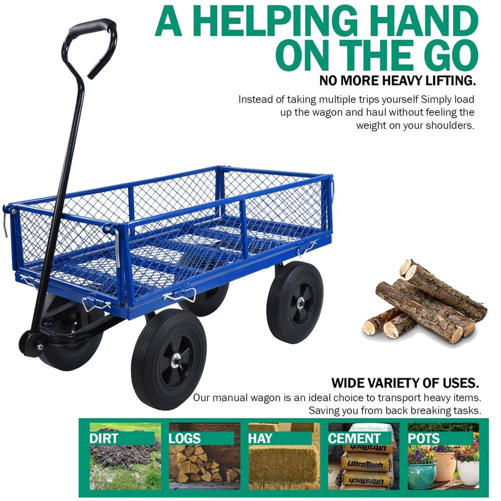3.5 cu. ft. Steel Garden Cart, Utility Tools Cart Wagon Cart with 10 in. Solid Tires and Removable Sides, Blue - Hercitys