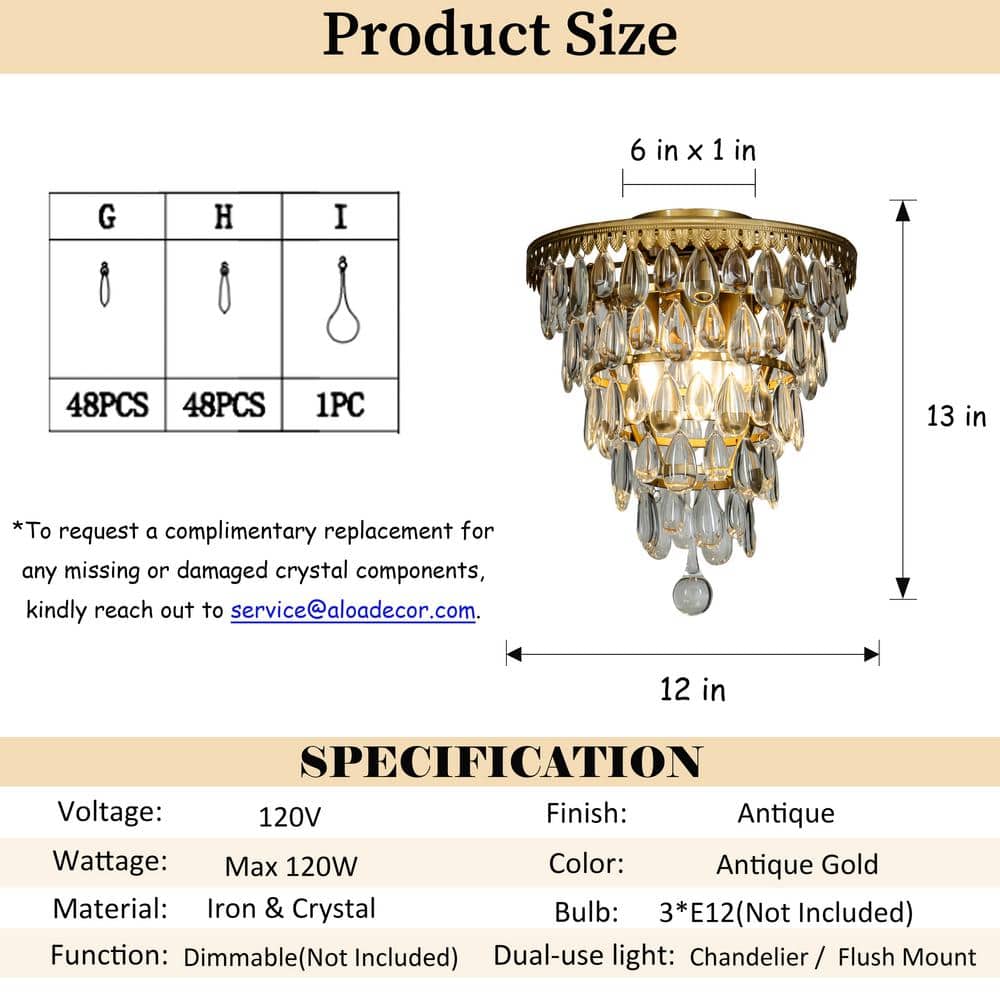 12 in. 3-Lights Antique Gold Glam Flush Mount Ceiling Light with Teardrop Glass - Hercitys