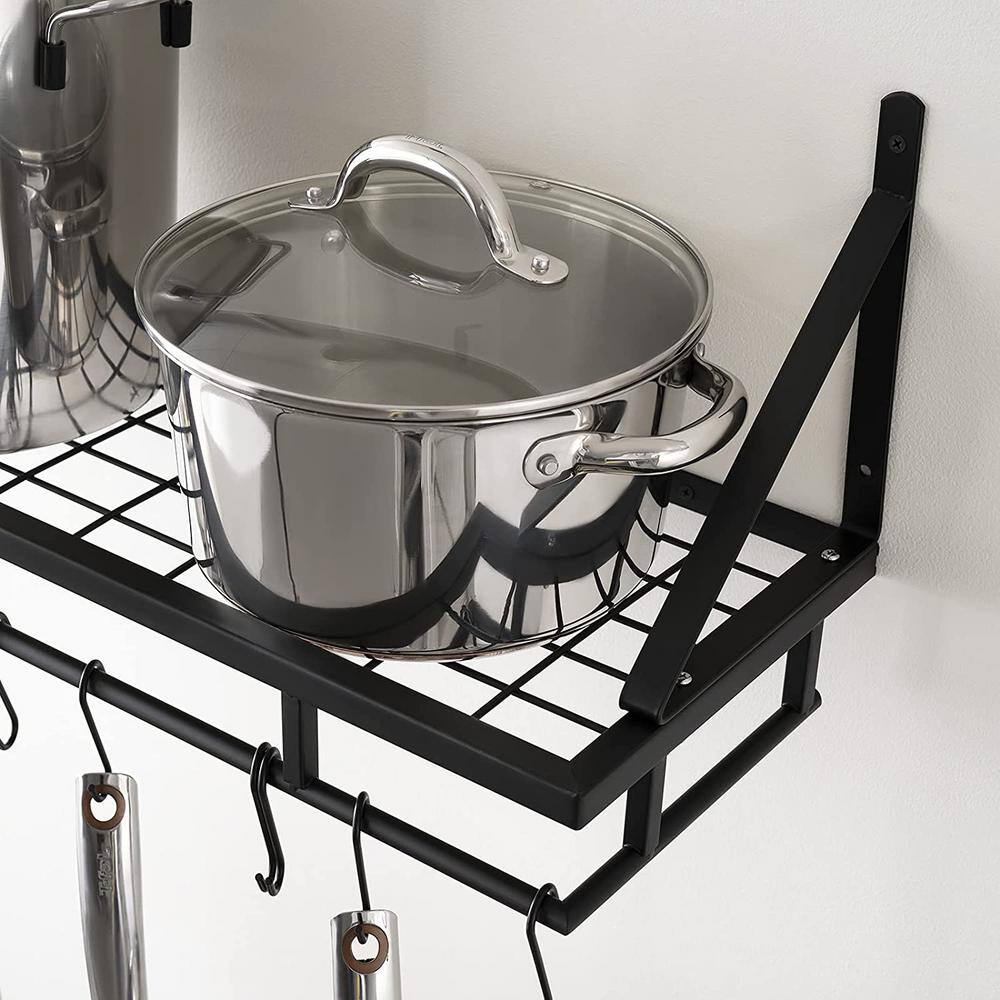 24 in. Black Wall Mounted Kitchen Pot Rack with 10-Hooks - Hercitys