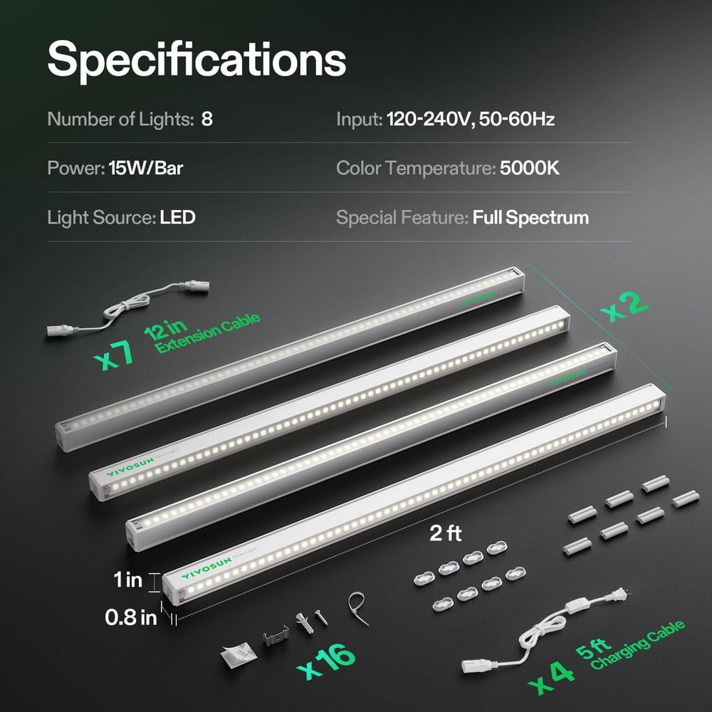 2 ft. 15-Watts 5000K T5 Linear LED Grow Light, Full Spectrum, ‎Cool White (8-Pack) - Hercitys