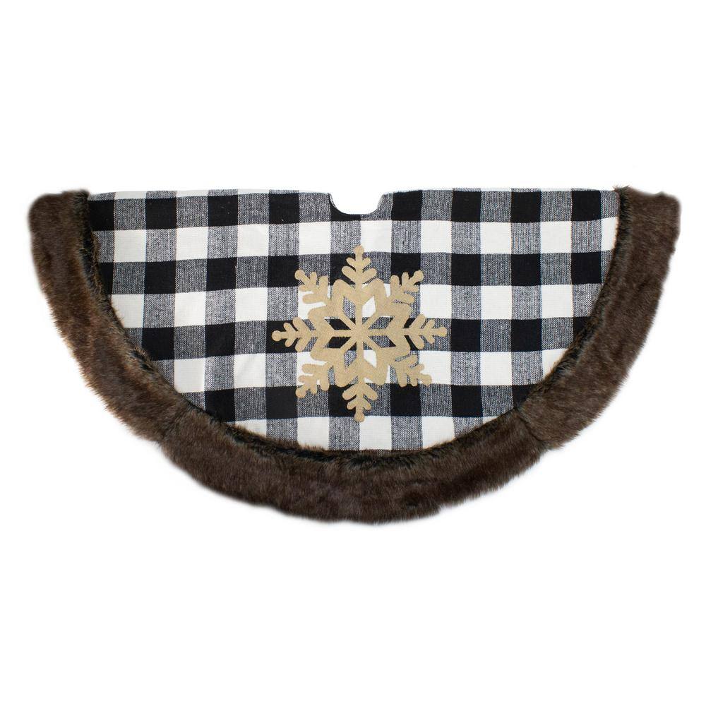 48 in. Black and White Buffalo Plaid Christmas Tree Skirt with Burlap Snowflake - Hercitys
