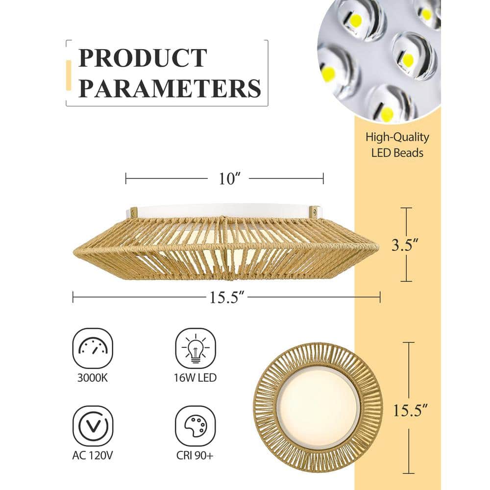 15.5 In. 16-Watt Integrated LED Boho Flush Mount Ceiling Light Hand-Woven Dimmable Lighting - Hercitys