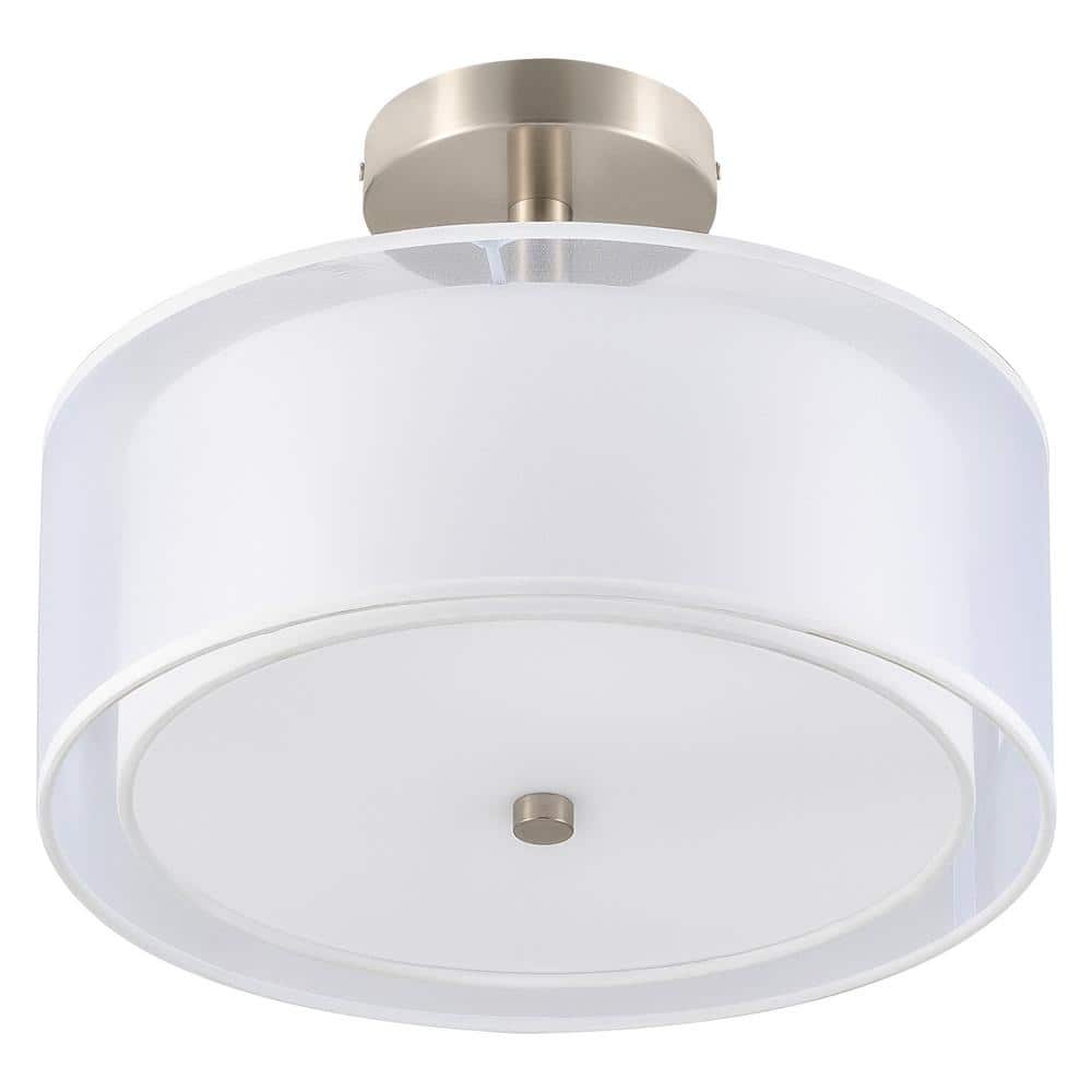 13 in. 3-Light Brushed Nickel Semi-Flush Mount with Double Fabric Shades - Hercitys