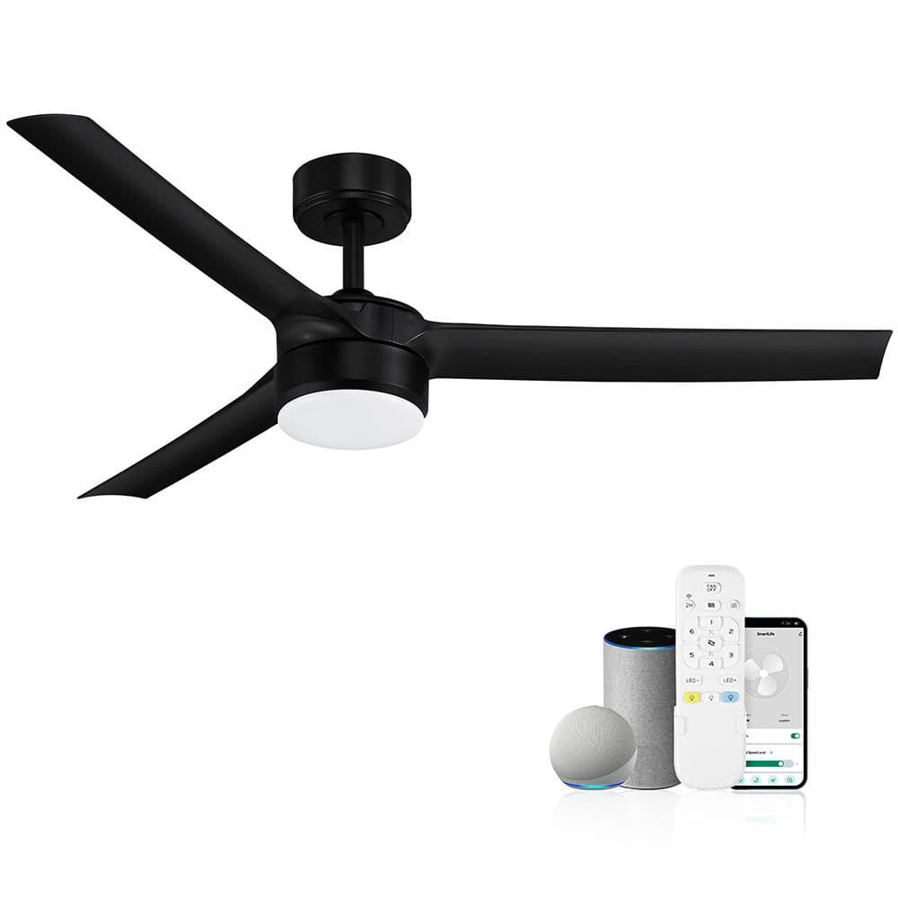 52 in. Smart Indoor/Outdoor Black Ceiling Fans with LED Lights and Remote, Quiet DC Motor, Controlled by WIFI Alexa App - Hercitys