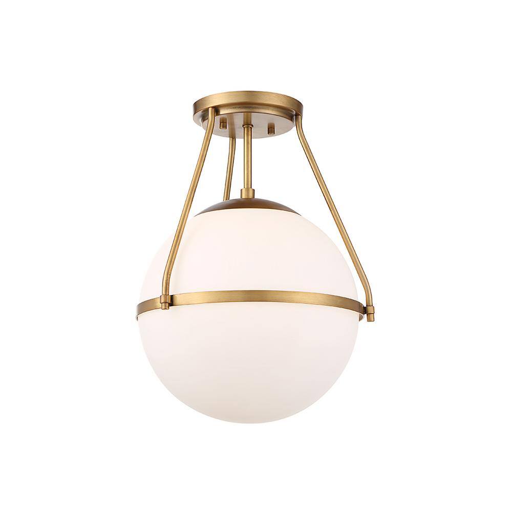 13 in. W x 17.25 in. H 1-Light Natural Brass Semi-Flush Mount Ceiling Light with Opal Glass Shade - Hercitys