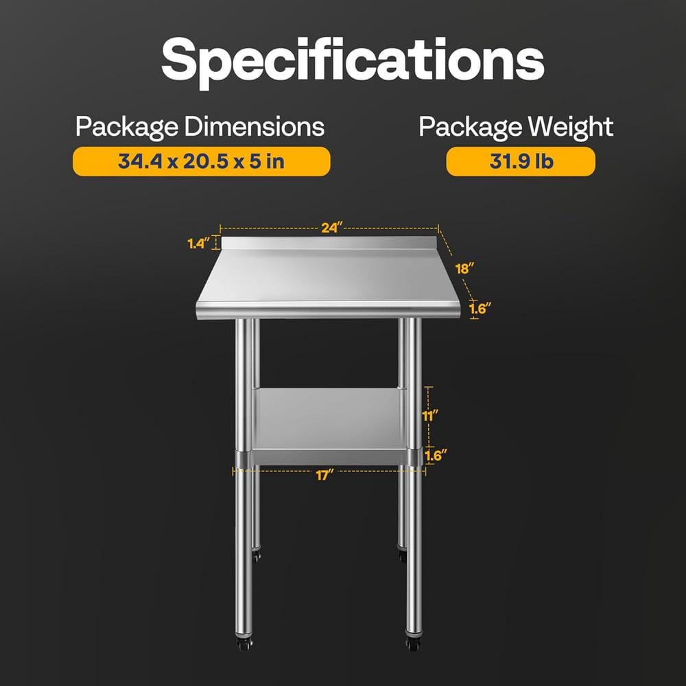 24 x 18 in. Stainless Steel Kitchen Utility Table with Backsplash and Wheels - Hercitys