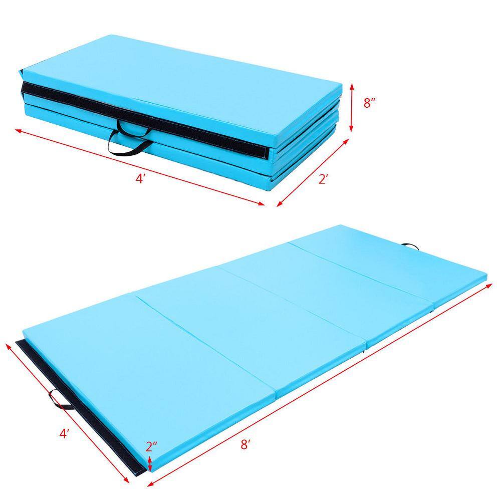 4′ x 8′ x 2” Folding Gymnastics Mat Four Panels Gym PU Leather EPE Foam Blue (32 sq.ft.) - Hercitys