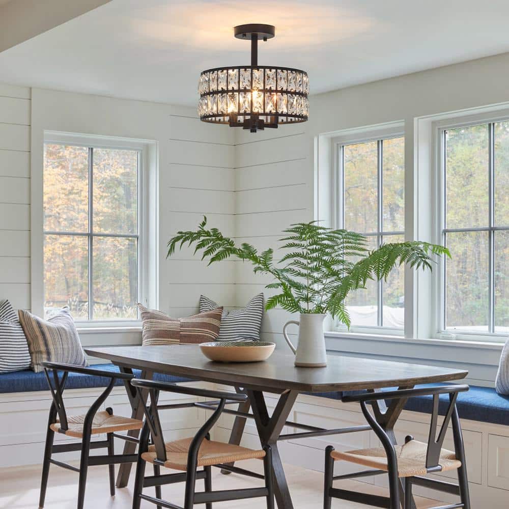 12.59 in. Koyal 3-Light Round Black Drum Chandelier Semi Flush Mount Ceiling Light with Clear Crystal Glass Drum Shade - Hercitys