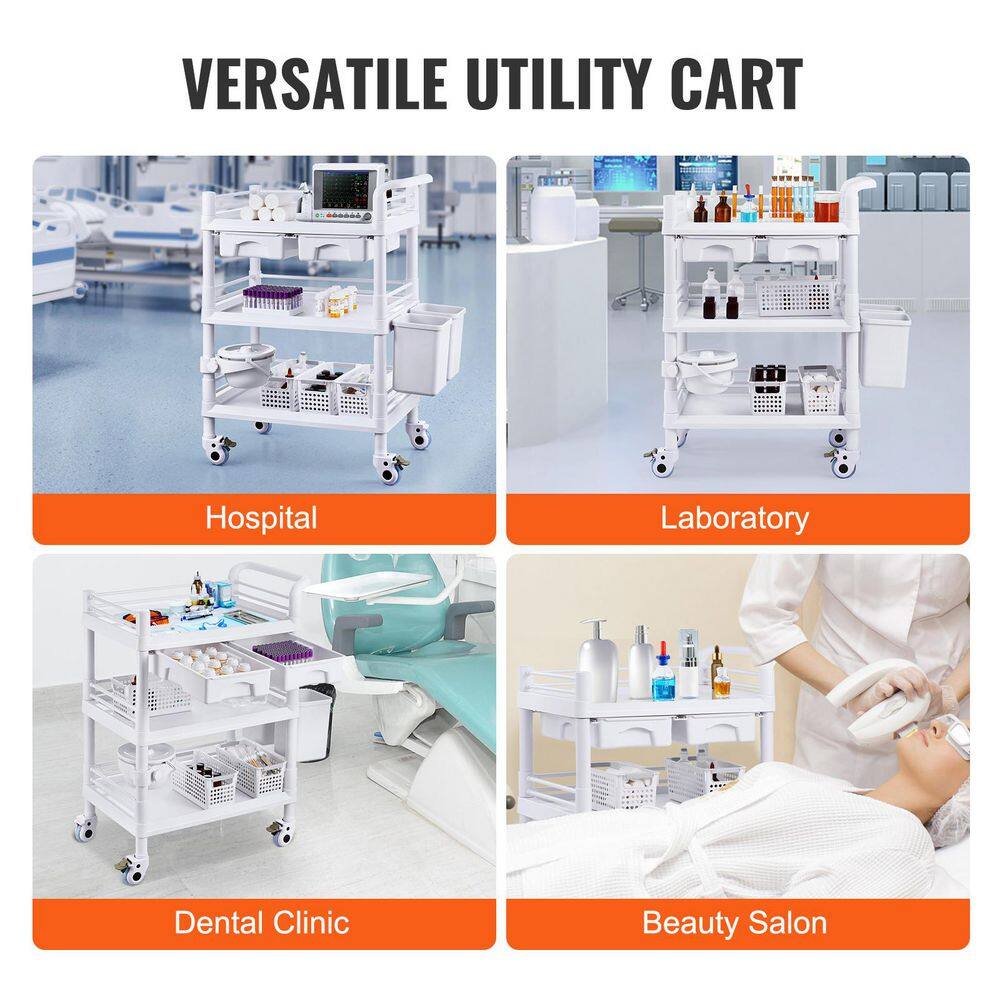 3 Tiers Lab Carts, White, Plastic, Kitchen Cart, with PP Material, Lab Utility Cart with 3 Trays & 4 Silent Wheels - Hercitys