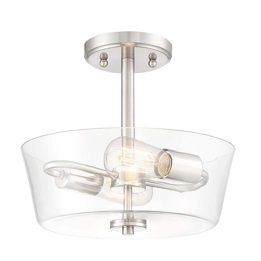 12 in. 2-Light Brushed Nickel Round Semi-Flush Mount, Modern Ceiling Light with Clear Glass Drum Shade - Hercitys