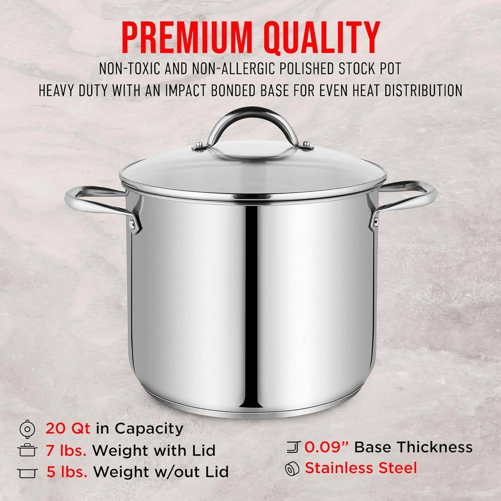 20 qt. Non-Toxic and Non-Allergic Stainless Steel Stock Pot with Tempered Glass See-Through Lid and Extra-Large Handles - Hercitys
