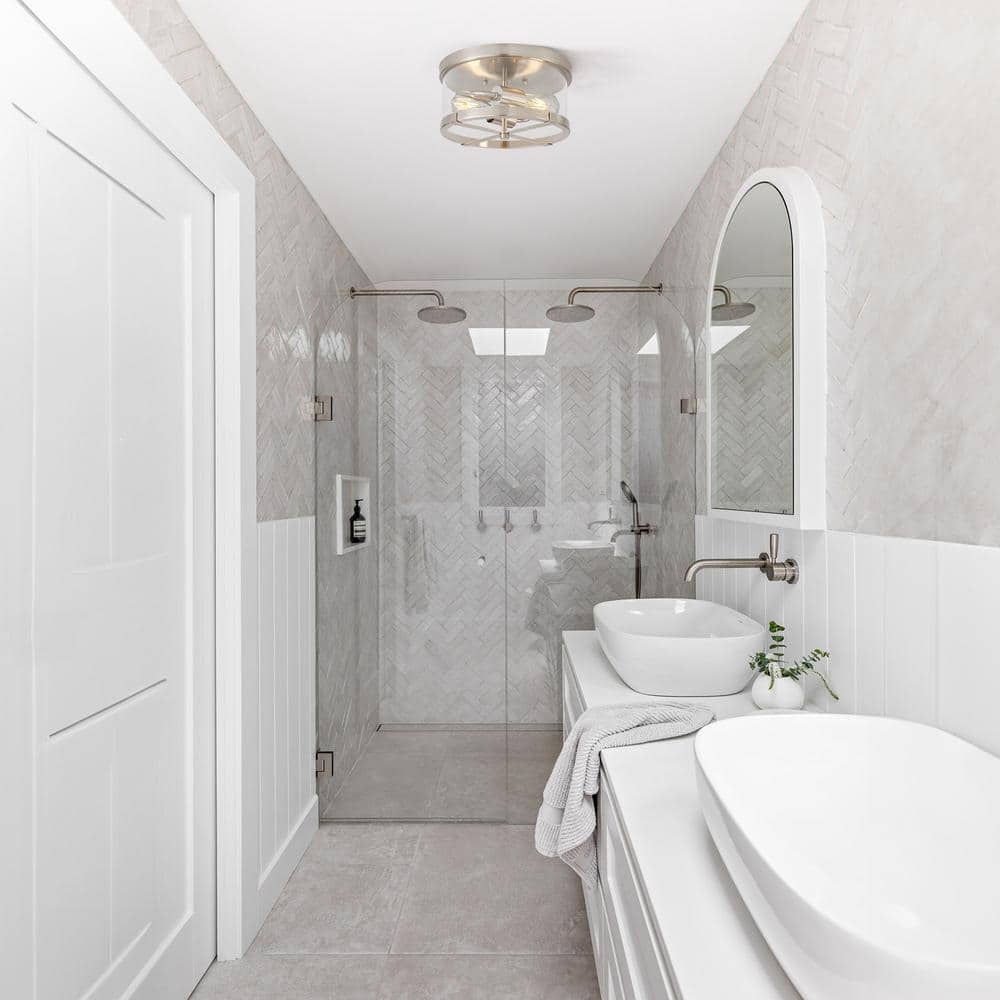 11.8 in. 2-Light Nickel Flush Mount Ceiling Light with Clear Glass Shade - Hercitys