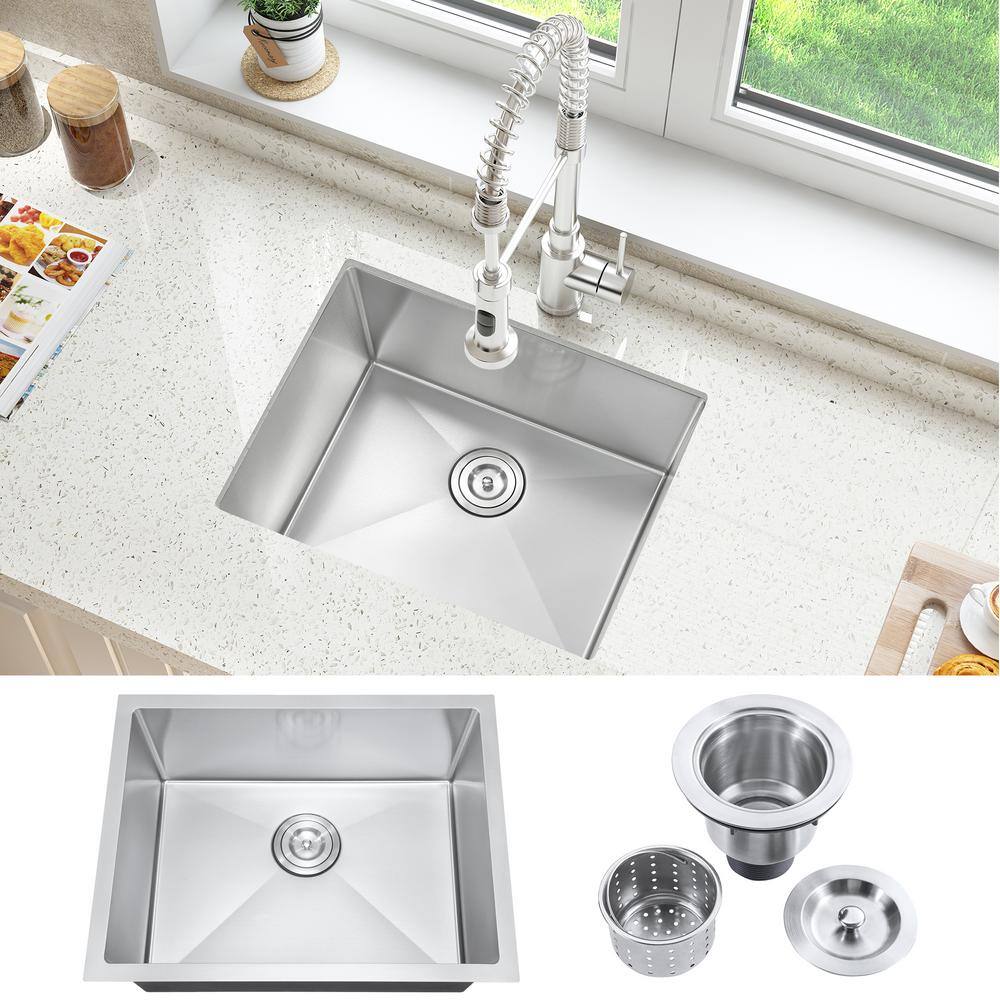 23 in Undermount Single Bowl 20 Gauge Stainless Steel Kitchen Sink with Strainer - Hercitys