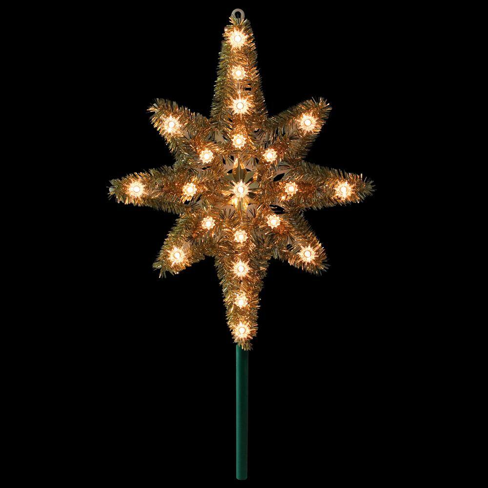 21 in. Gold Tinsel Star of Bethlehem Christmas Tree Topper in Clear Lights - Hercitys