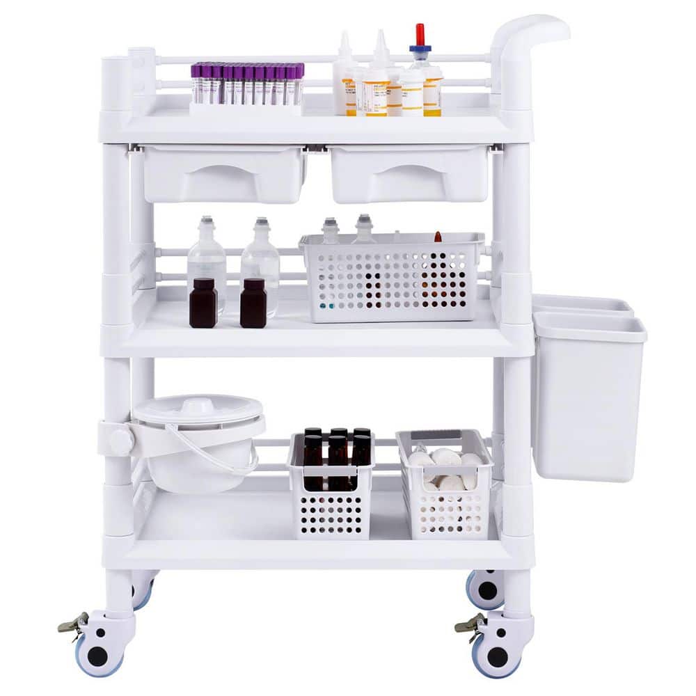 3 Tiers Lab Carts, White, Plastic, Kitchen Cart, with PP Material, Lab Utility Cart with 3 Trays & 4 Silent Wheels - Hercitys