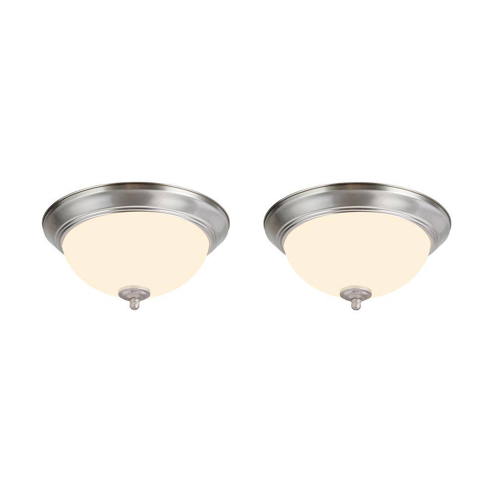 11 in. 15-Watt Satin Nickel Integrated LED Ceiling Flush Mount with Frosted Glass Diffuser (2-Pack) - Hercitys