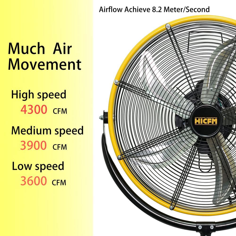 20 in. 3 Speeds High Velocity Pedestal Fan in Yellow with 1/5 HP Powerful Motor, 4300 CFM - Hercitys