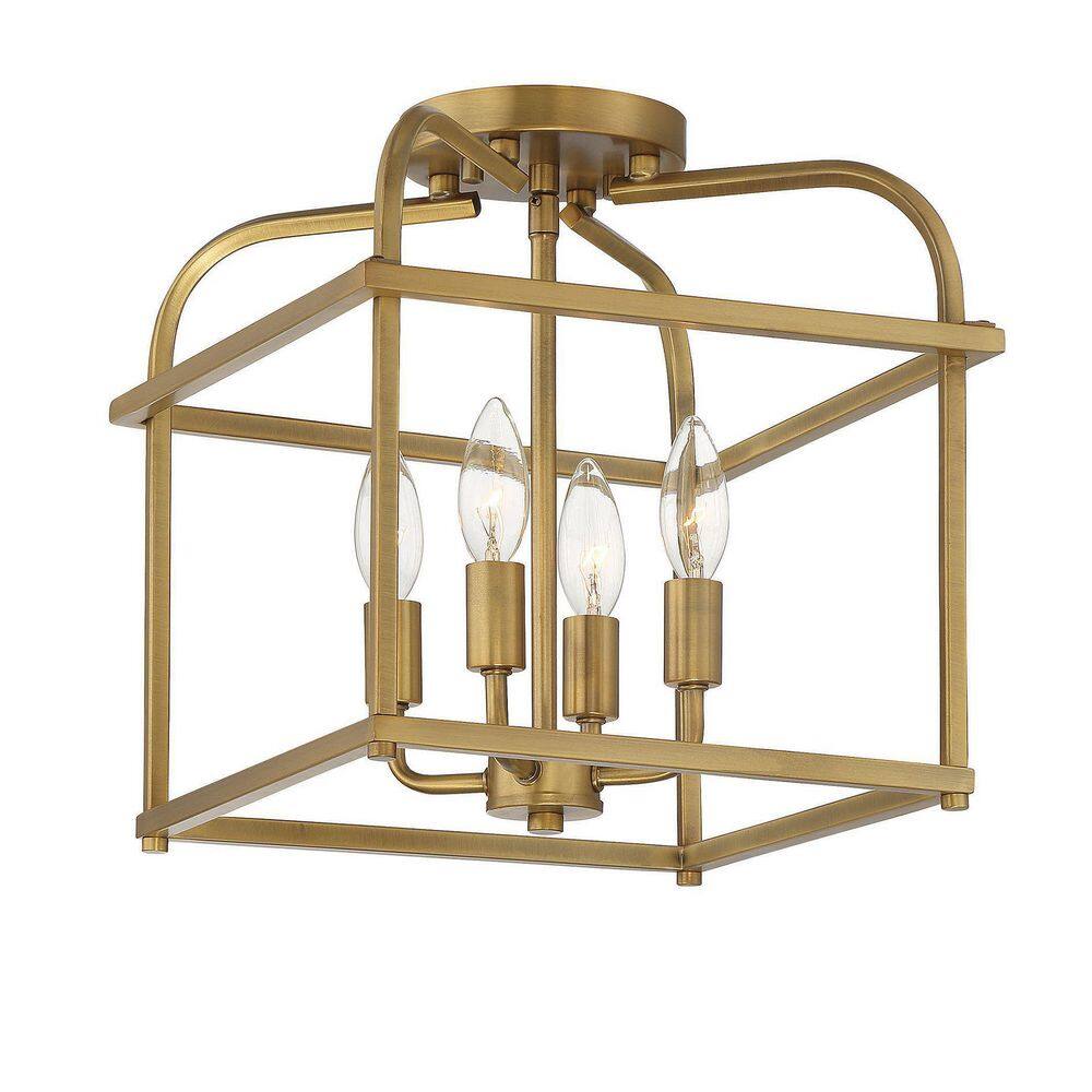 12 in. W x 12.5 in. H 4-Light Natural Brass Semi- Flush Mount Ceiling Light with Metal Cage Frame - Hercitys