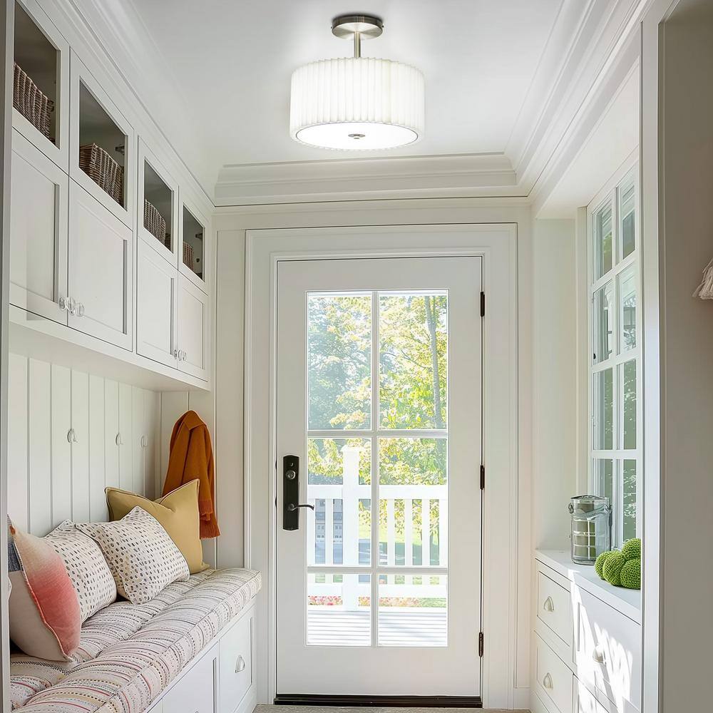 11.8 in. 3-Light Chrome Semi-Flush Mount Ceiling Light with Fabric and Acrylic Cylindrical Shades - Hercitys