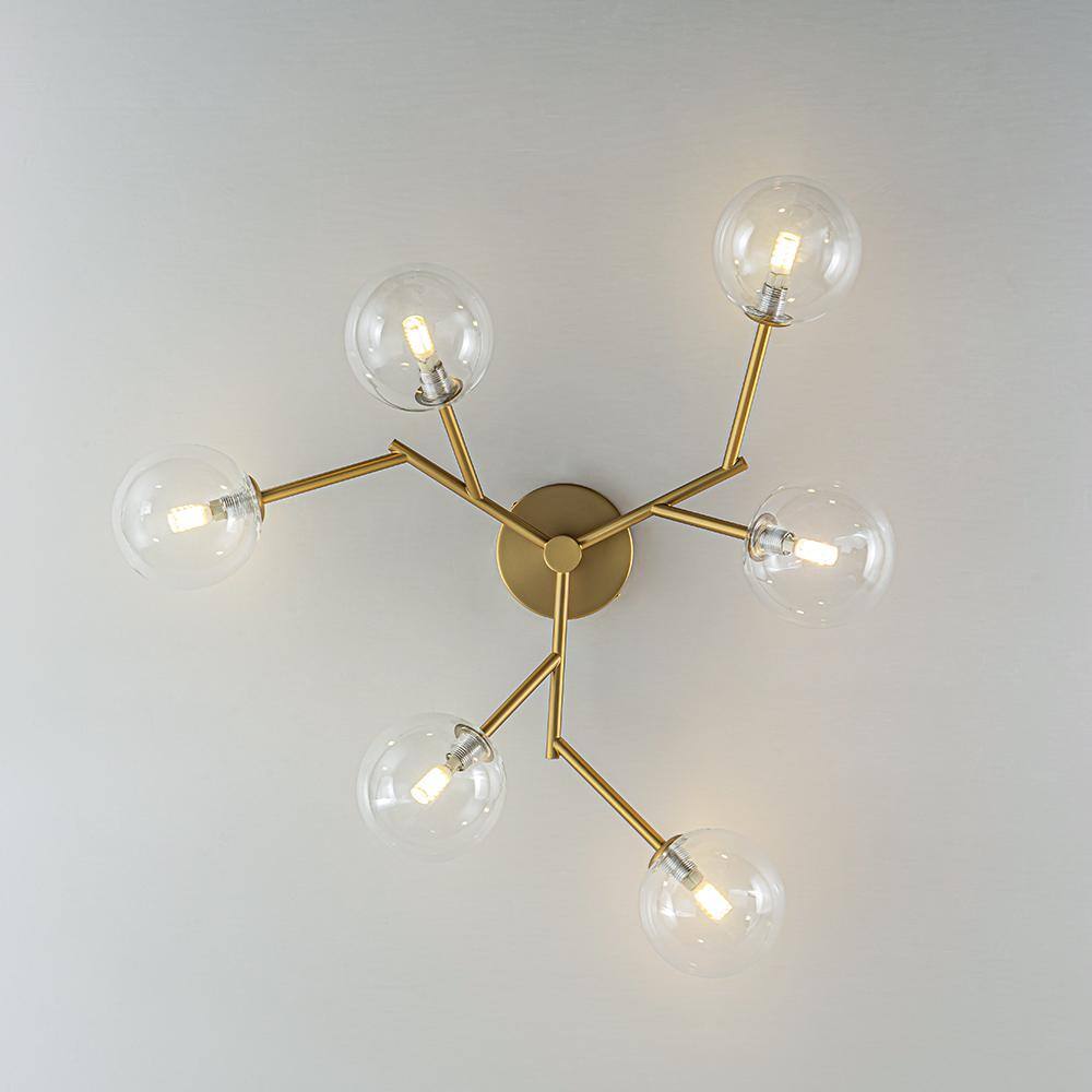 28.74 in. 6-Light Brushed Gold Mid-Century Modern Branch Bubble Globe Semi-Flush Mount Chandelier with Clear Glass Shade - Hercitys