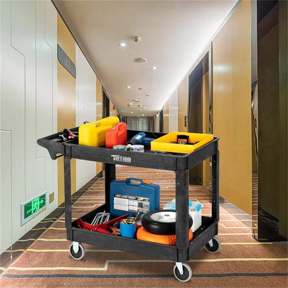 2 Tier Large 550 lbs. Capacity Shelf Plastic Utility Cart with Wheels Black - Hercitys