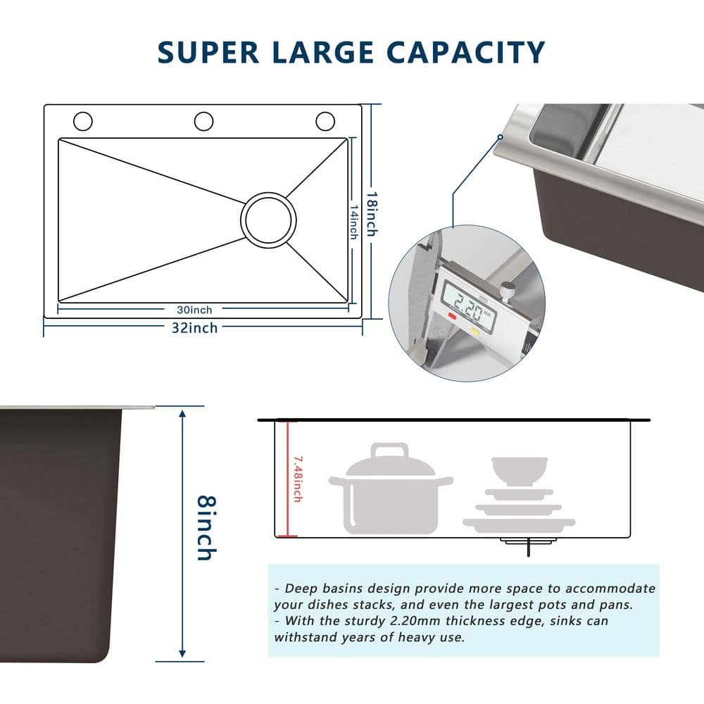 32 in. Drop-In/Undermount Single Bowl Sliver Stainless Steel Kitchen Sink with Faucet - Hercitys