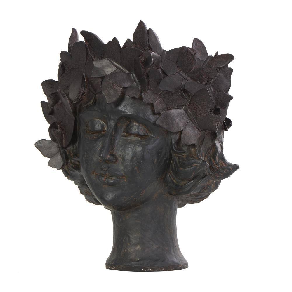 14 x 13 x 10 in. Medium Bronze Resin Woman Head Planter with Wide Opening and Butterfly Accents - Hercitys