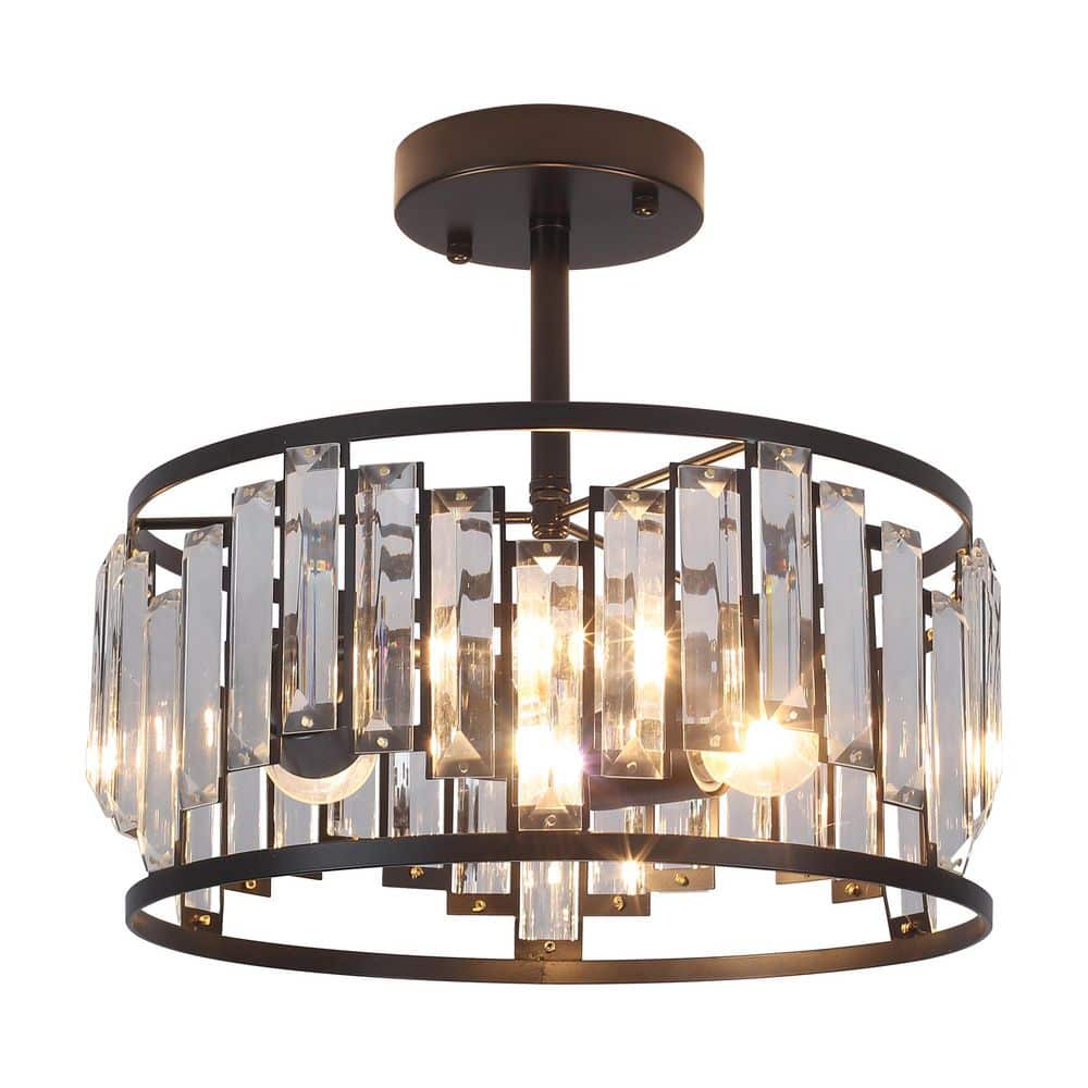12.6 in. 3-Light Matte Black Semi Flush Mount Light with Clear Glass Shade - Hercitys