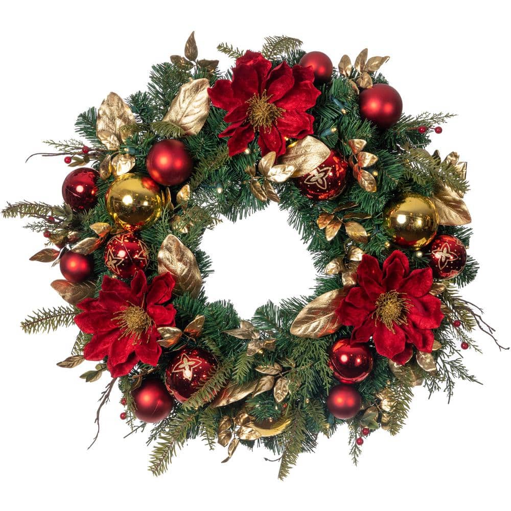 30 in. Green Battery Operated Prelit LED Artificial Christmas Wreath with Golden Leaf Red Magnolia - Hercitys